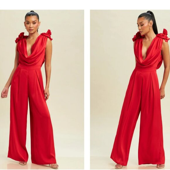 Ruffle V-Neck Jumpsuit with Flowers Sleeve Detailed - Picture 1 of 8